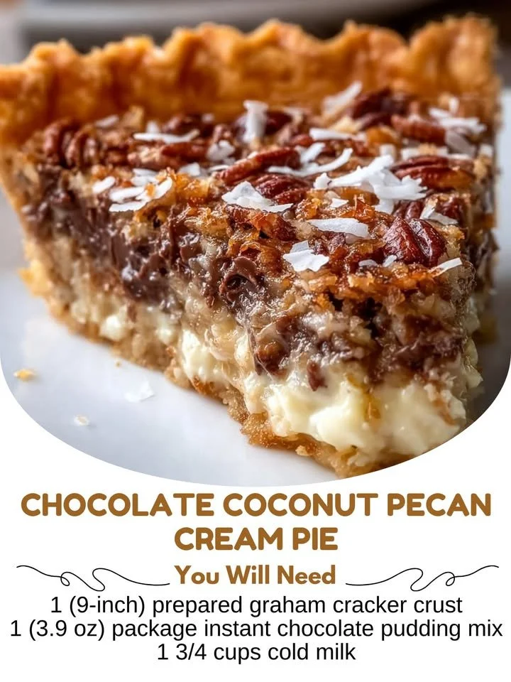 Delicious Chocolate Coconut Pecan Cream Pie with chocolate, coconut, and pecans