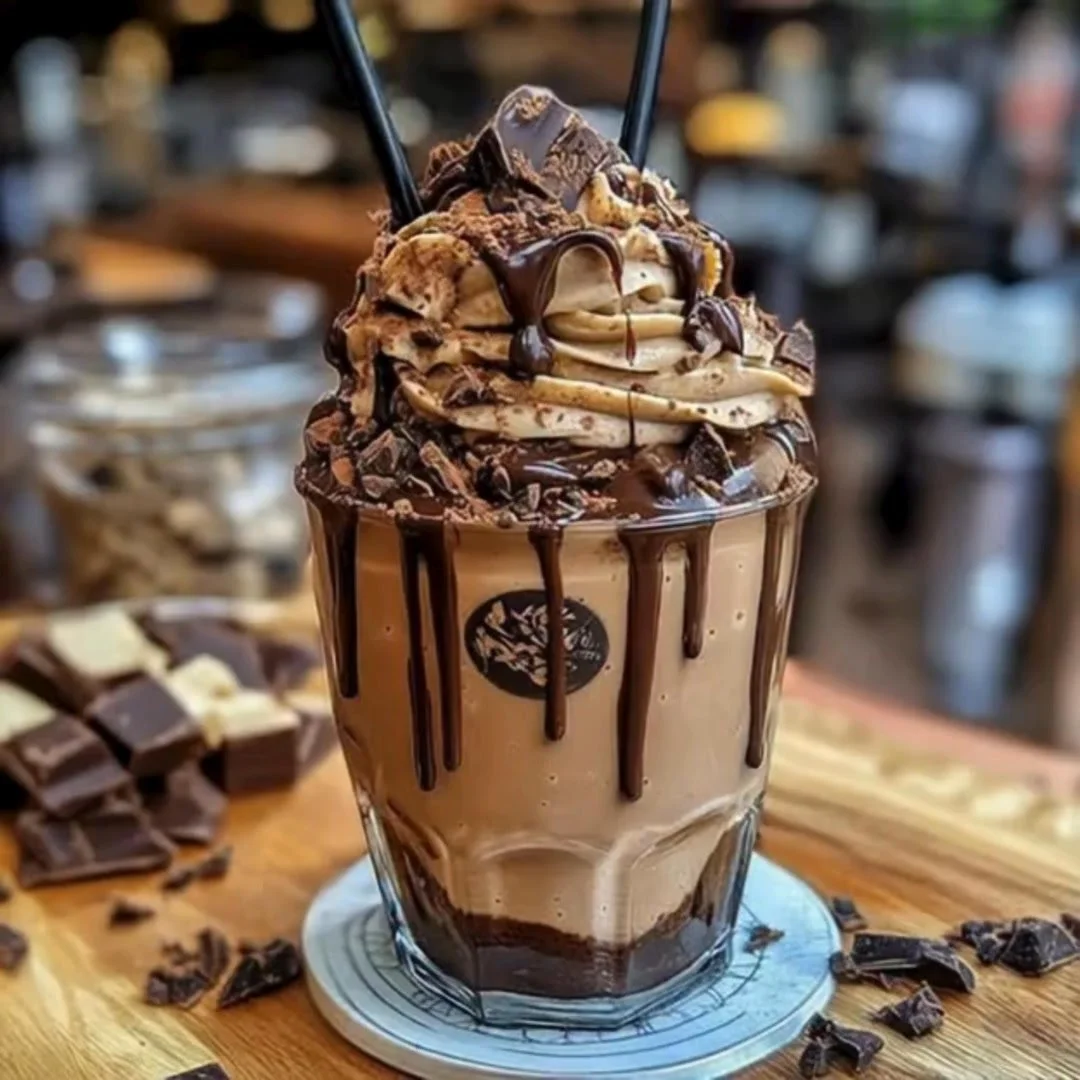 Delicious chocolate frappe topped with whipped cream and chocolate drizzle