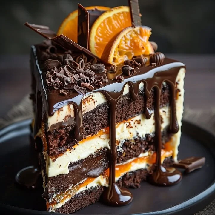 Chocolate orange cheesecake layer cake with rich chocolate and refreshing orange flavors