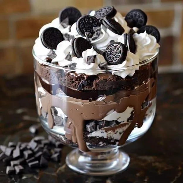 Delicious chocolate Oreo cheesecake brownie trifle layered with creamy filling and Oreo cookies.