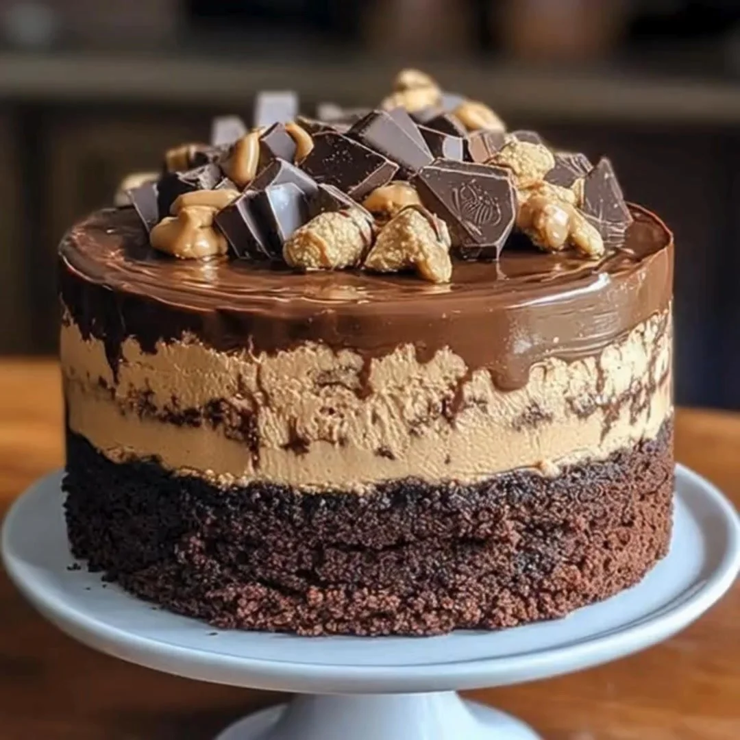 Delicious Chocolate Peanut Butter Cheesecake Cake topped with chocolate and peanut butter