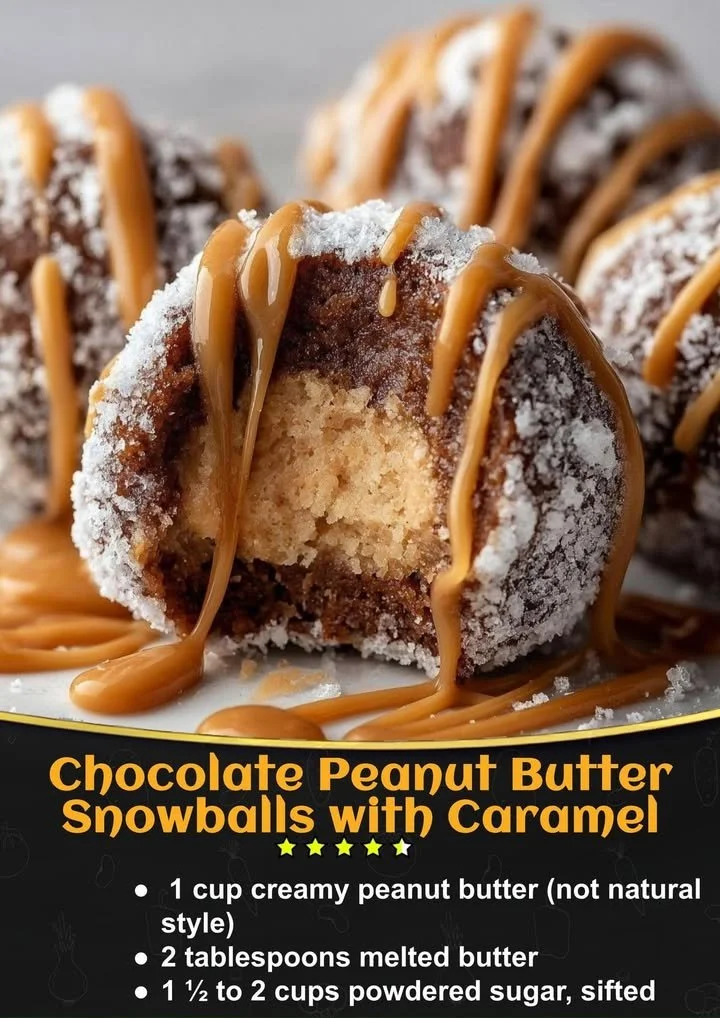 Chocolate peanut butter snowballs with caramel drizzle on a white plate