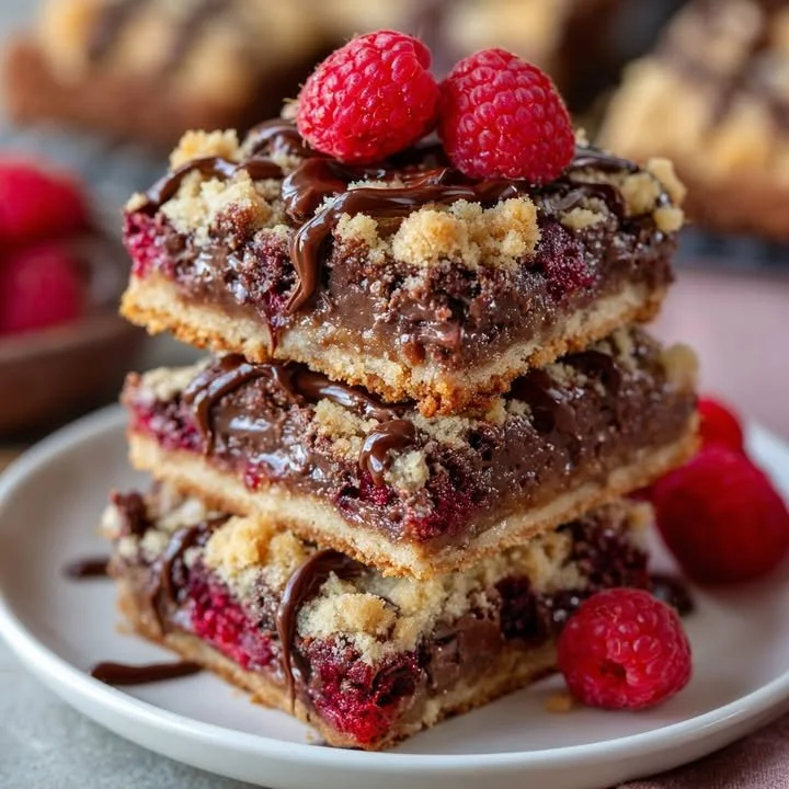 Delicious chocolate raspberry crumb bars with rich chocolate and raspberry filling