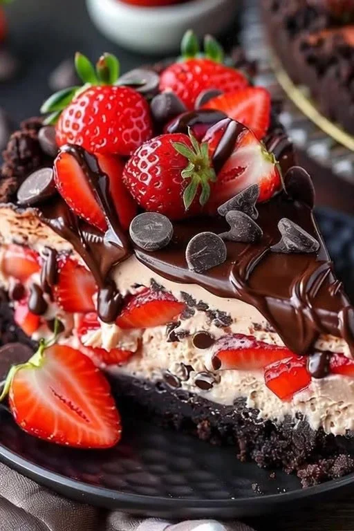Delicious Chocolate Strawberry Cheesecake topped with fresh strawberries