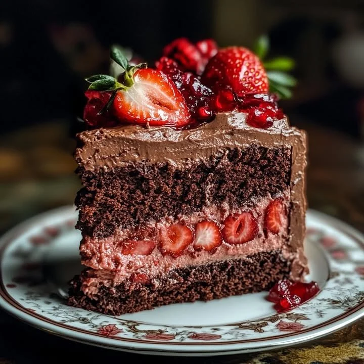 Chocolate Strawberry Dream Cake featuring layers of chocolate and fresh strawberries.