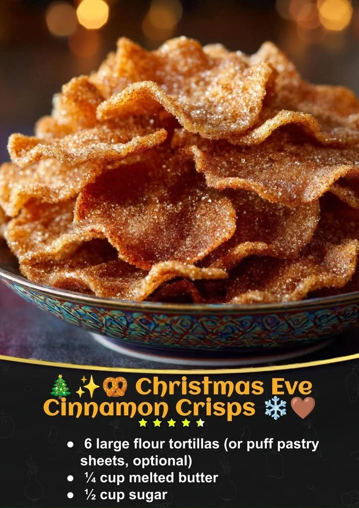 Plate of festive Christmas Eve Cinnamon Crisps with a sprinkle of cinnamon sugar.