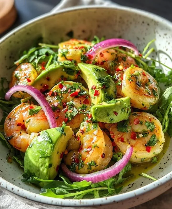Cilantro Lime Shrimp and Avocado Salad served in a bowl