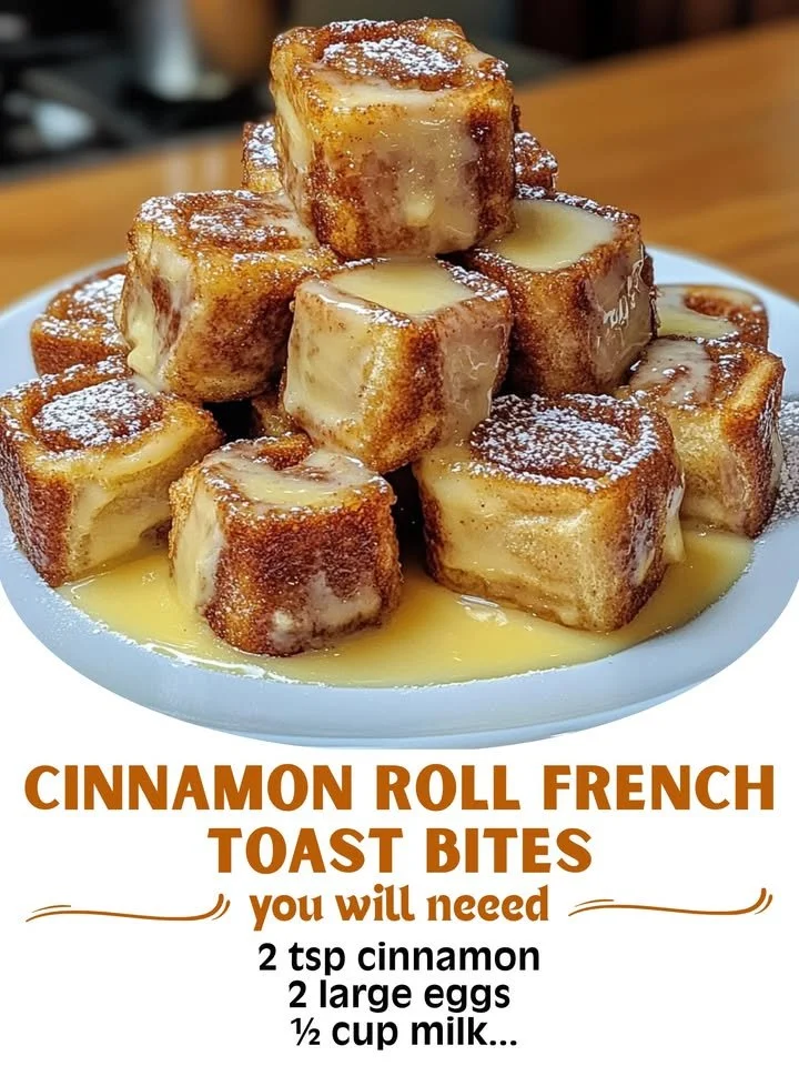 Cinnamon Roll French Toast Bites drizzled with icing on a serving plate