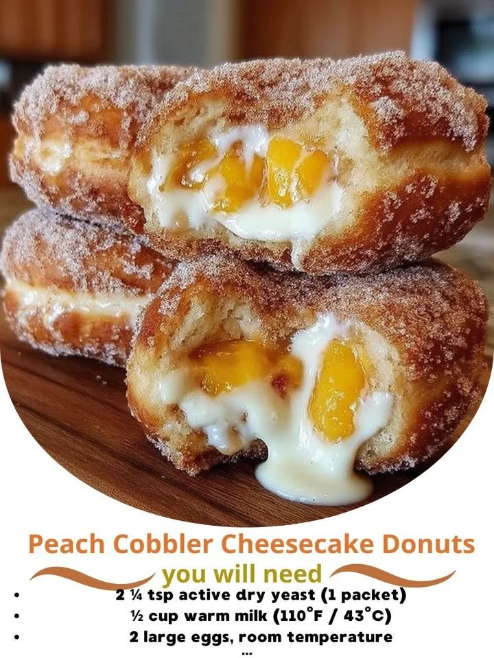Classic Peach Cobbler Cheesecake Donuts topped with peach slices and crumbs