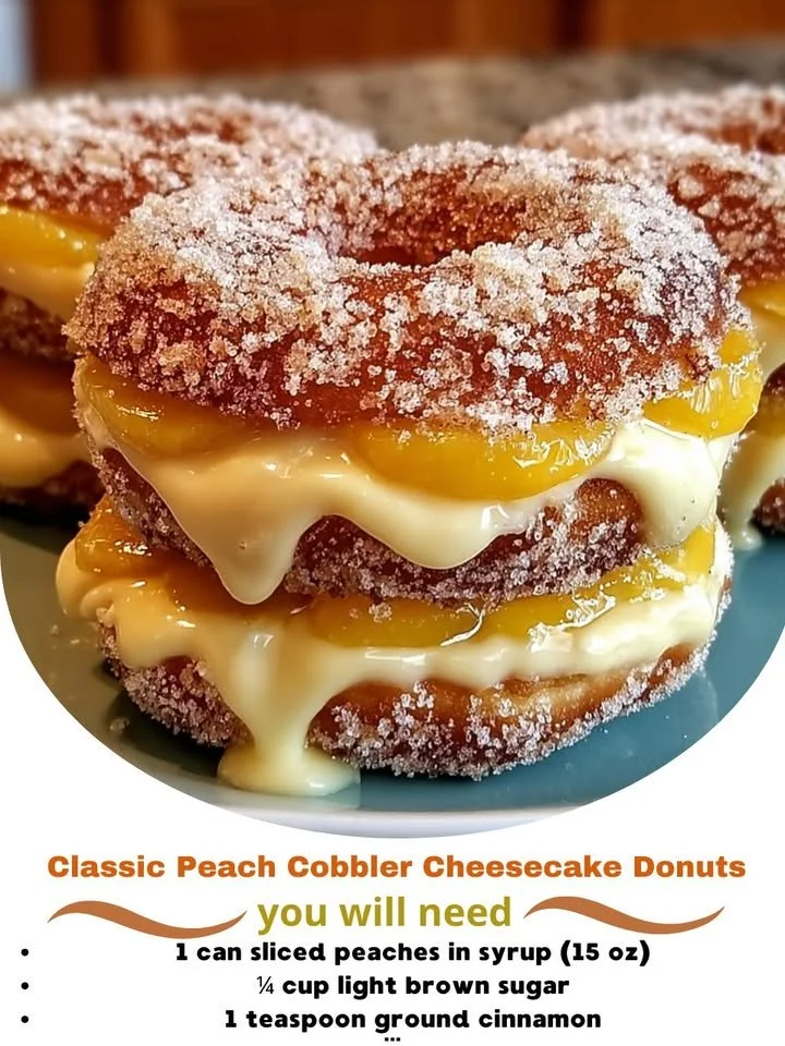 Delicious peach cobbler cheesecake donuts topped with crumble and peach slices