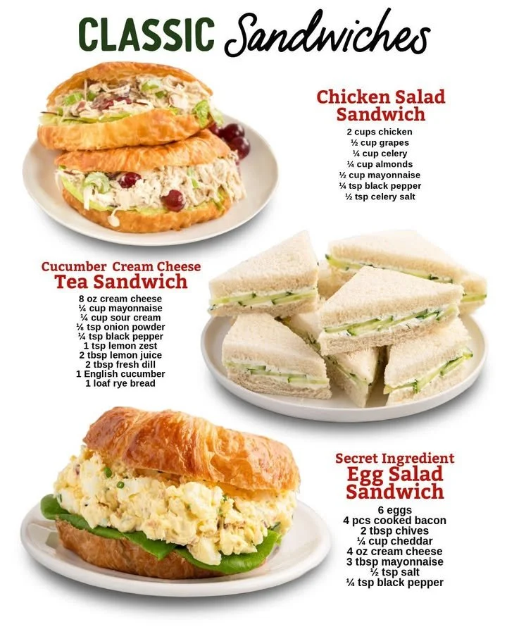 A selection of classic sandwiches displayed on a wooden table.