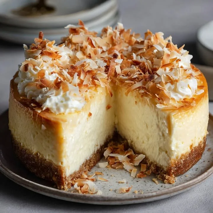 Delicious slice of Coconut Cheesecake topped with toasted coconut flakes