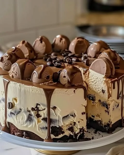 Delicious Coffee and Fudge Ice Cream Cake with chocolate drizzle