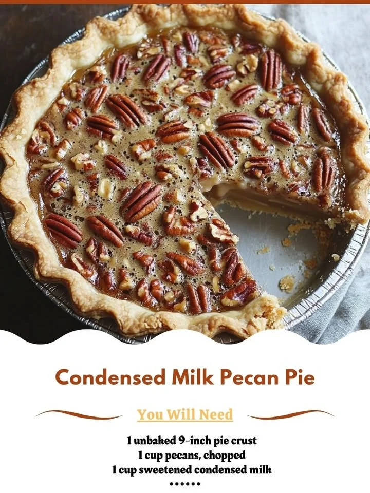 Delicious condensed milk pecan pie with a golden crust and pecan topping