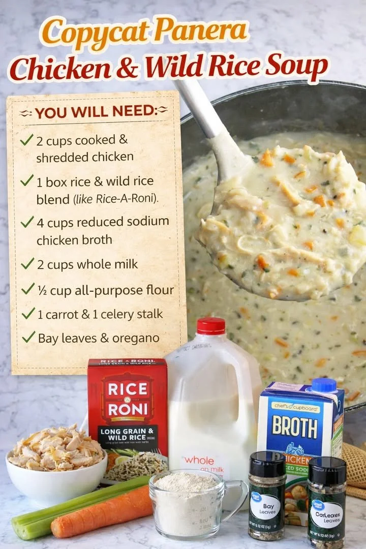 Bowl of Copycat Panera Chicken & Wild Rice Soup with fresh ingredients