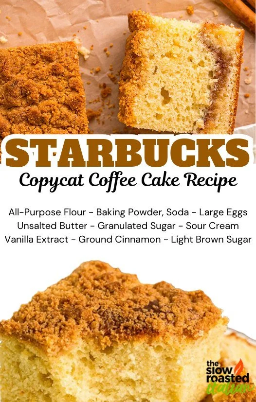 Delicious homemade Starbucks coffee cake on a plate with coffee