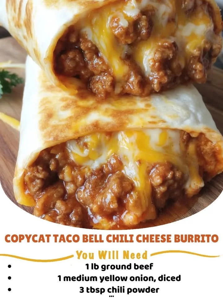 Delicious homemade copycat Taco Bell Chili Cheese Burrito with cheese and chili filling