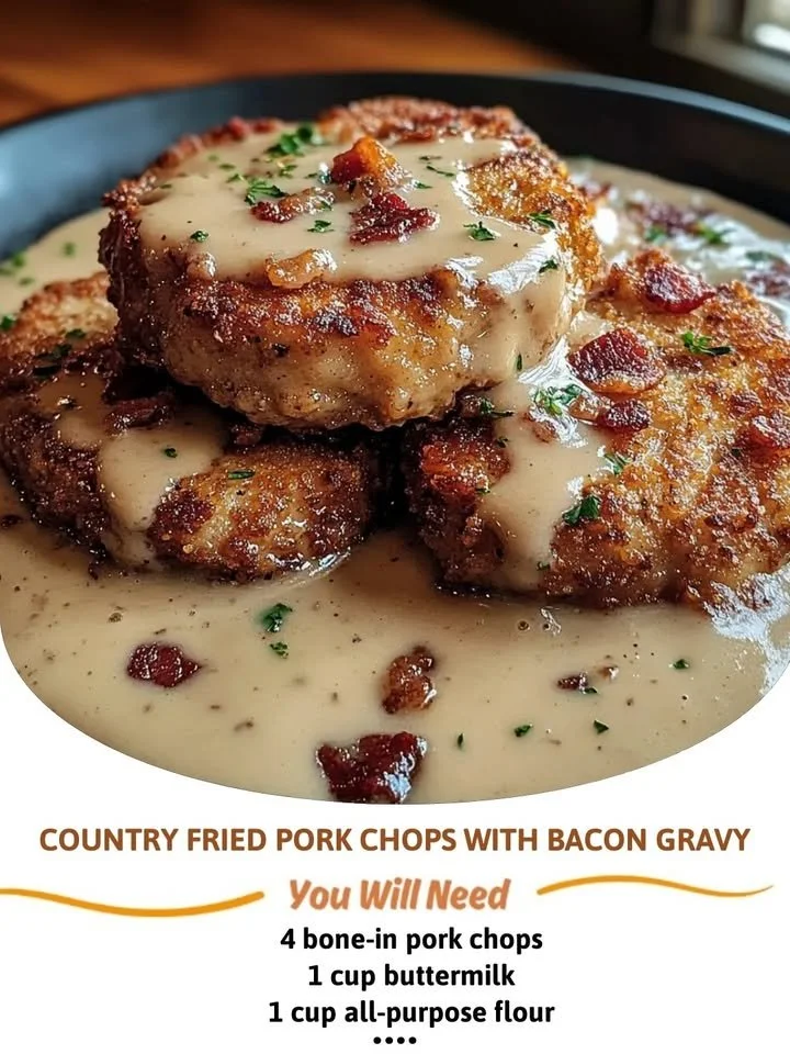 Country Fried Pork Chops with Bacon Gravy dish, comfort food on a plate
