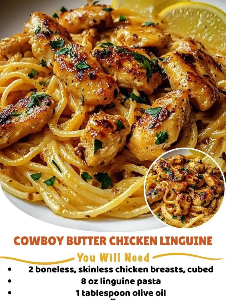 Bowl of Cowboy Butter Chicken Linguine with creamy sauce and herbs