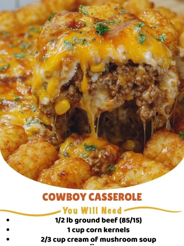 Delicious homemade Cowboy Casserole with beef, beans, and cheese in a baking dish.