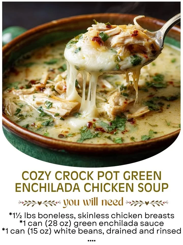 Bowl of cozy crock pot green enchilada chicken soup topped with cilantro.
