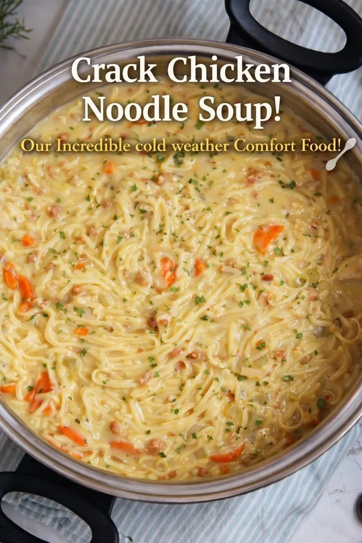 Bowl of Crack Chicken Noodle Soup garnished with herbs and served hot.