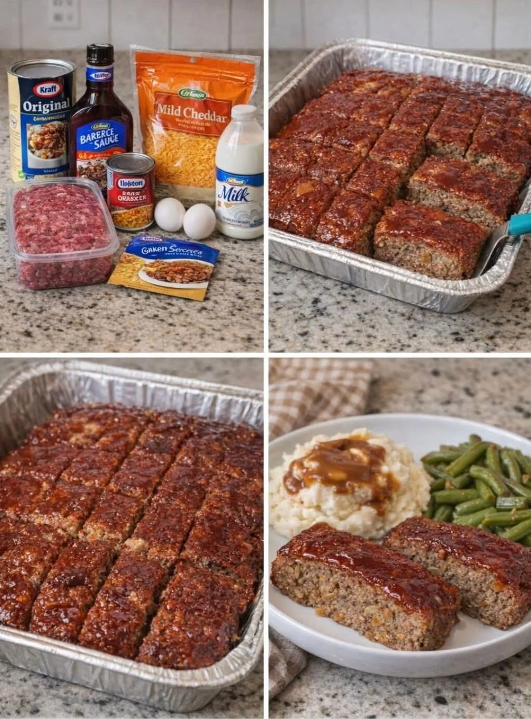 Delicious Cracker Barrel meatloaf served with mashed potatoes and green beans