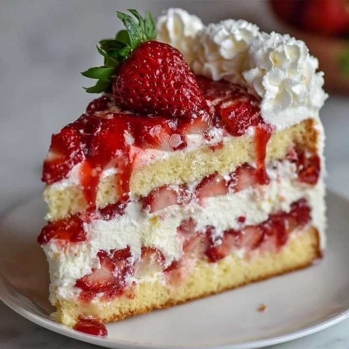 Cream Dream Layer Strawberry Cheesecake Cake with fresh strawberries