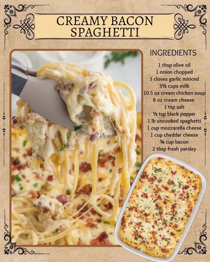 Creamy bacon spaghetti topped with herbs and cheese in a white bowl