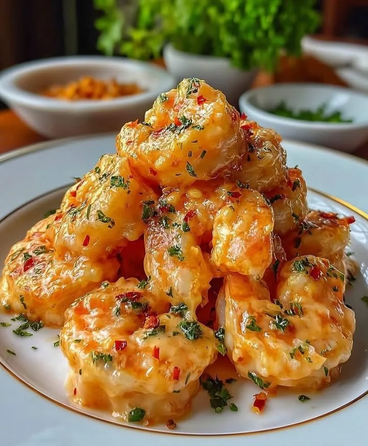 Creamy Bang Bang Shrimp served in a bowl with garnishes