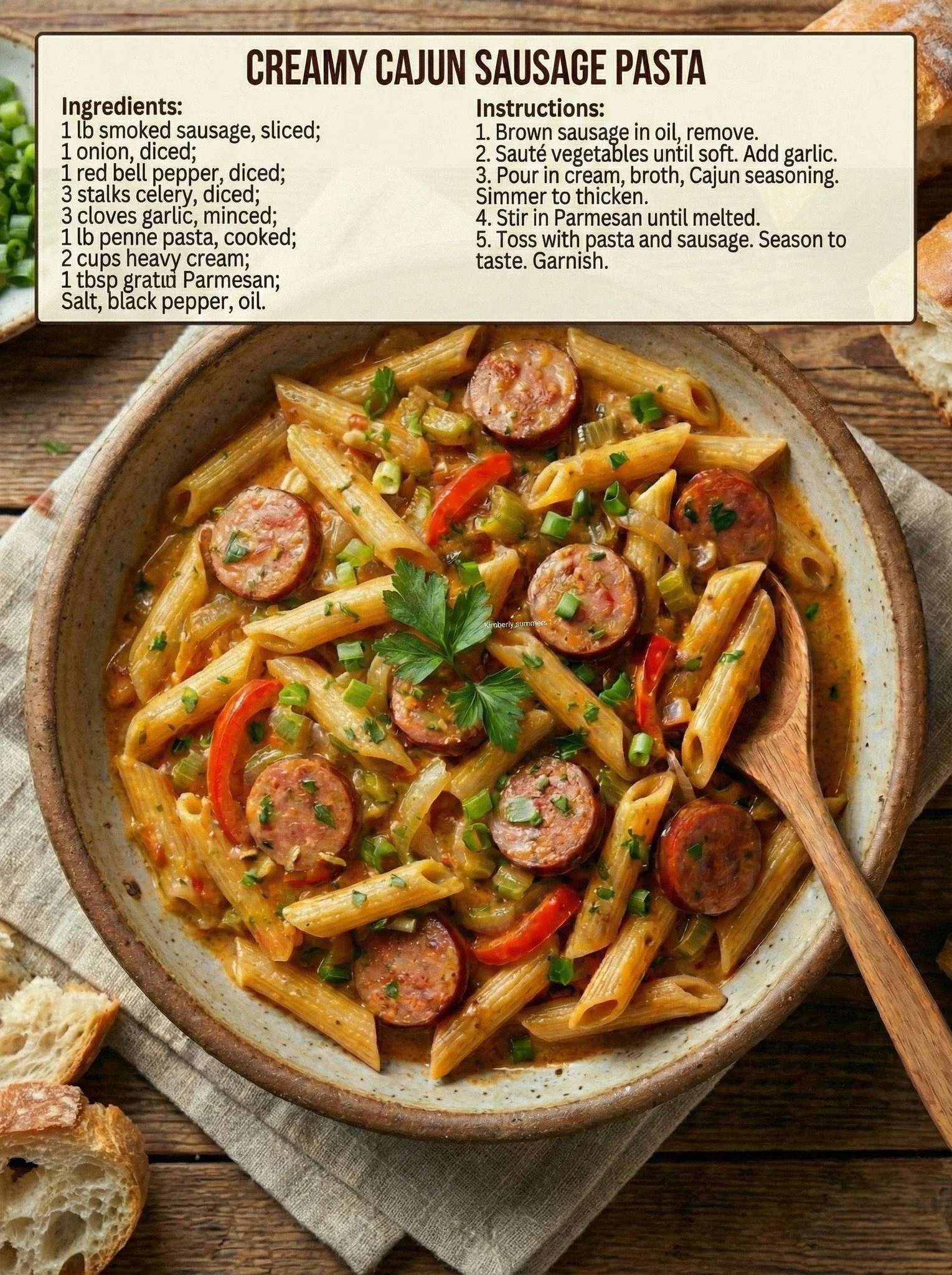 Delicious creamy Cajun sausage pasta served in a bowl garnished with herbs.
