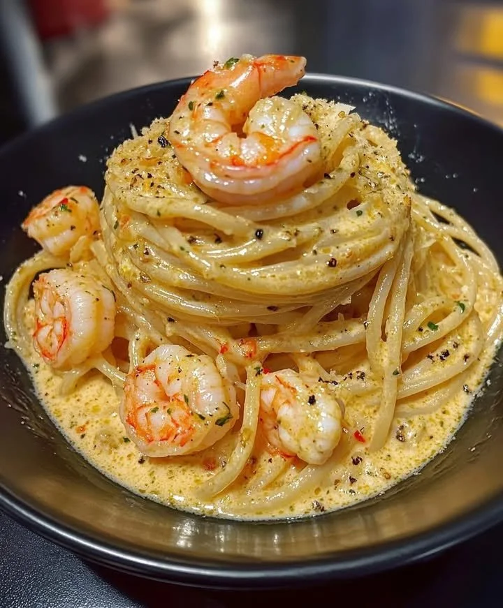 Creamy Cajun Shrimp Pasta Volcano topped with spices and fresh herbs