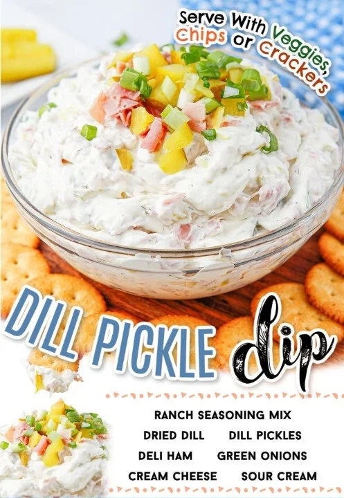 Creamy dill pickle dip served in a bowl with fresh herbs