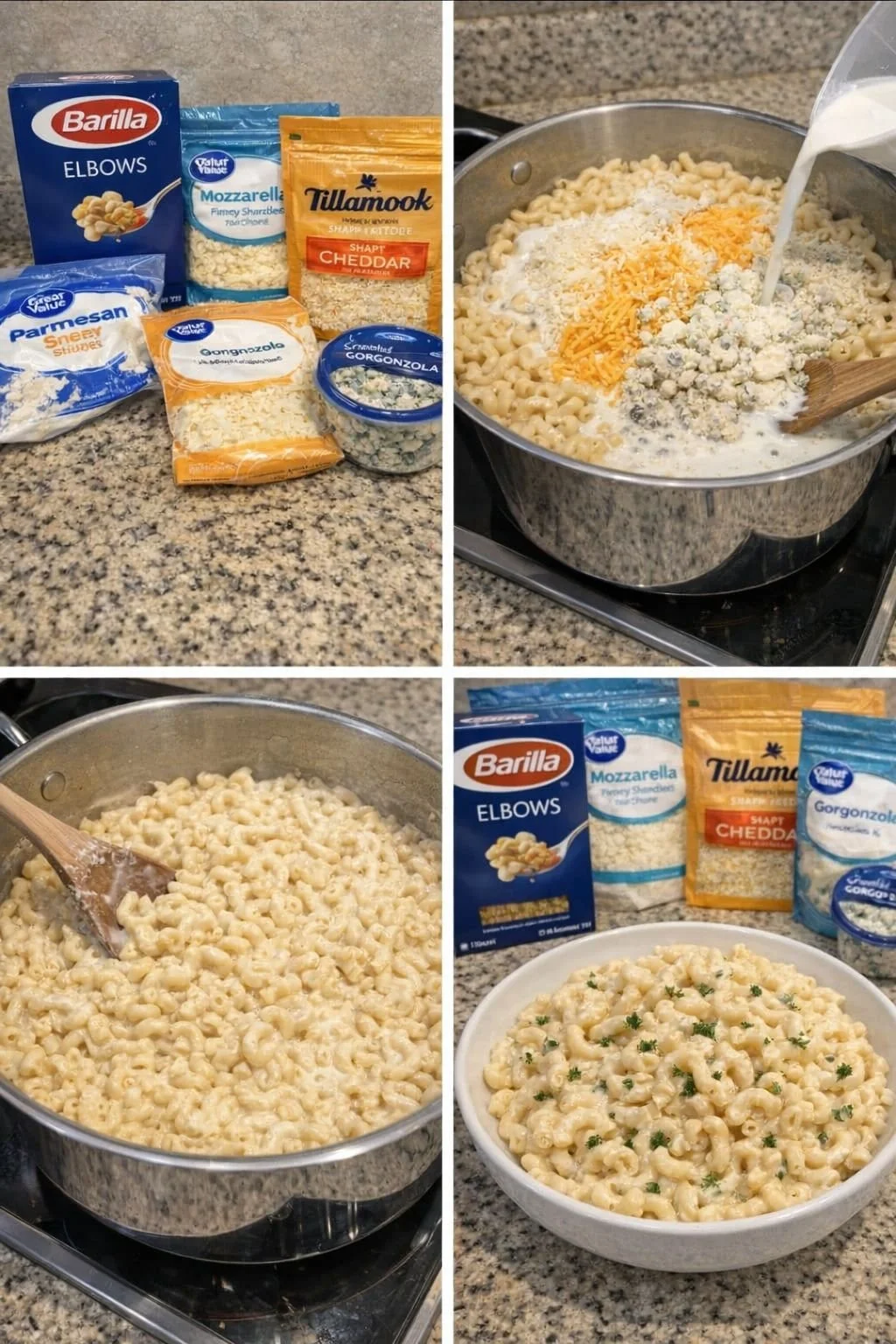 Creamy four cheese macaroni topped with a golden cheese crust