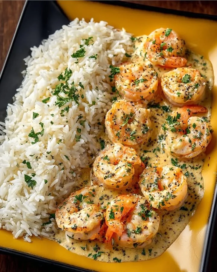 Creamy garlic butter shrimp served with herbed rice