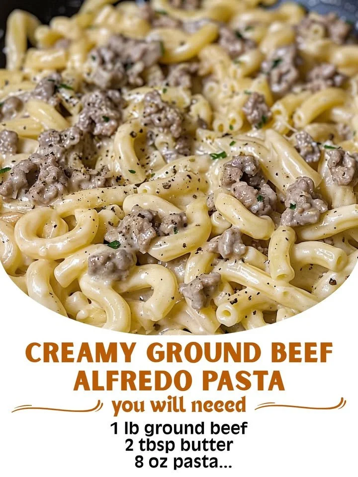 Delicious creamy ground beef Alfredo pasta served in a bowl