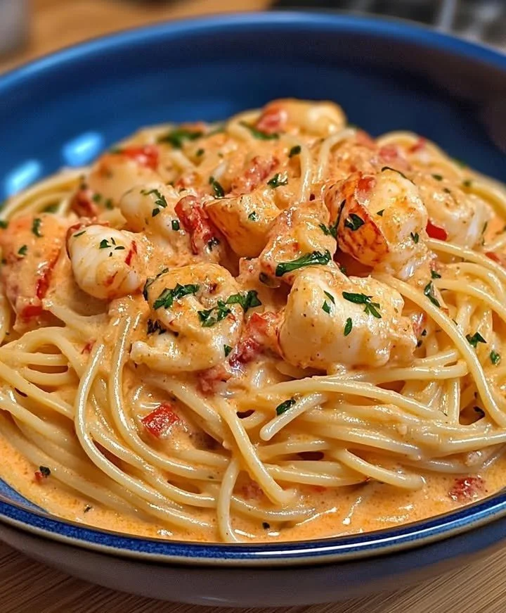 Creamy lobster linguine with garlic parmesan sauce served in a bowl
