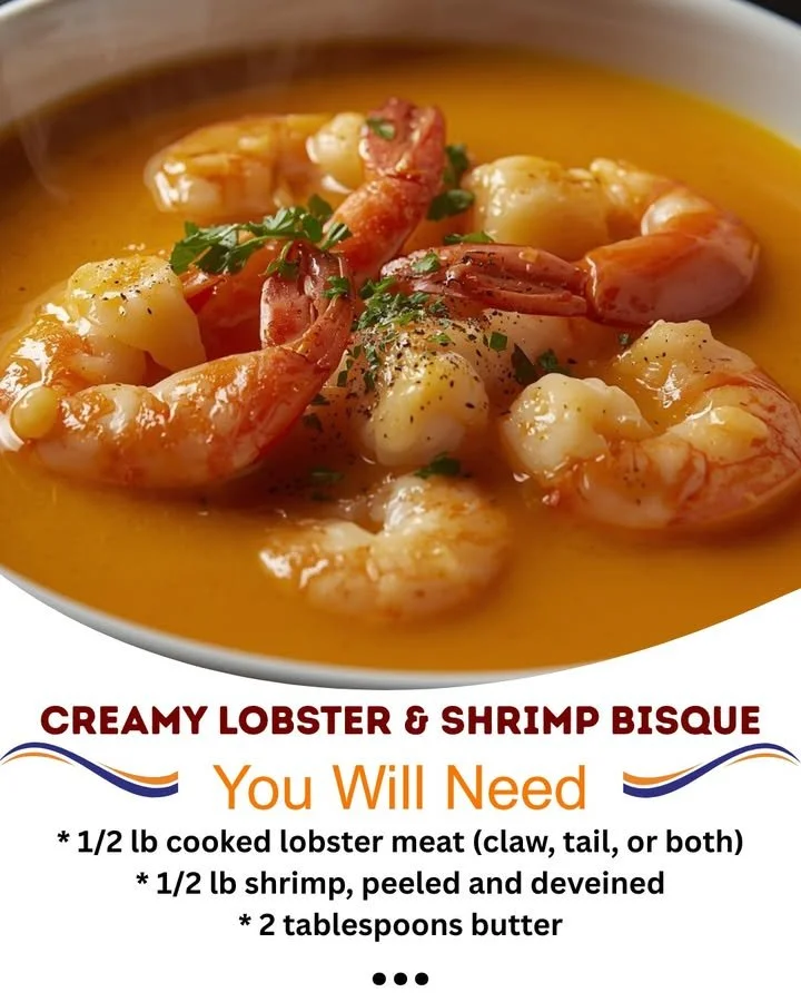 Bowl of creamy lobster and shrimp bisque garnished with herbs