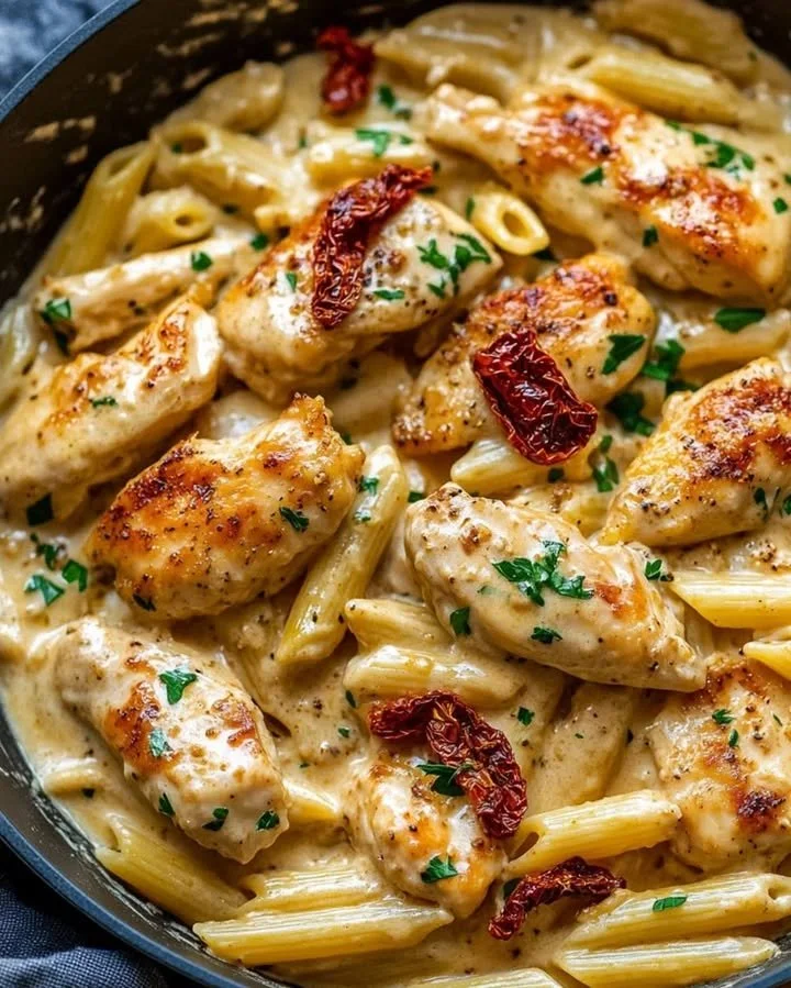 Plate of creamy Marry Me Chicken Pasta garnished with herbs