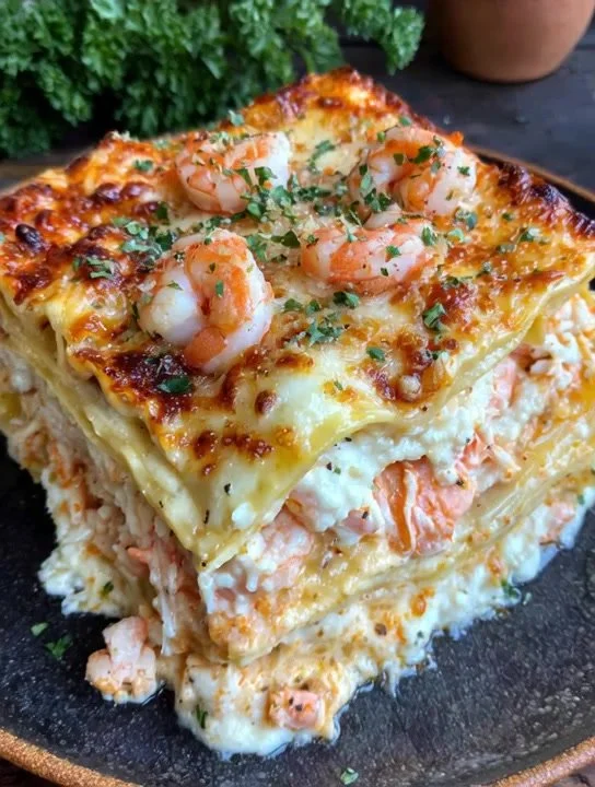 Creamy seafood lasagna with shrimp and crab served on a white plate