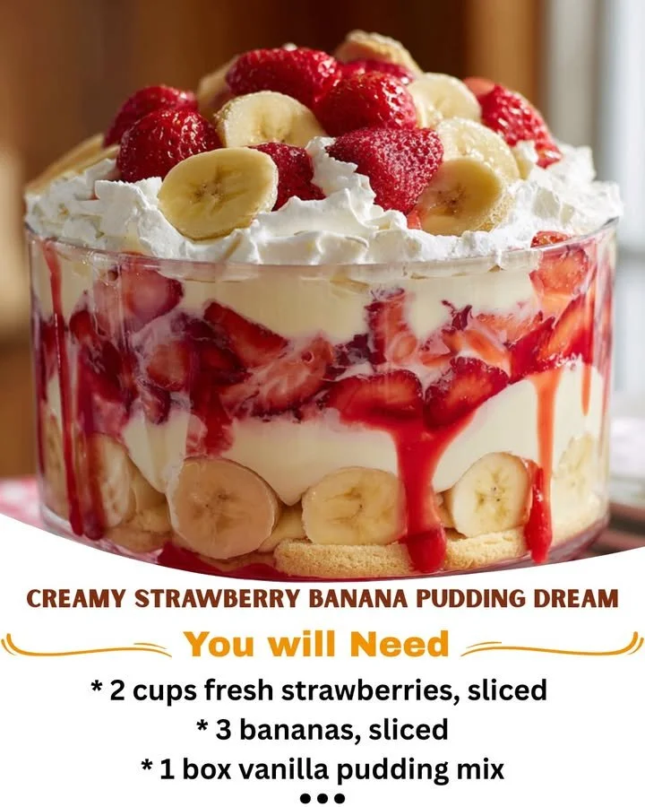Creamy strawberry banana pudding with fresh fruit and whipped cream on top.