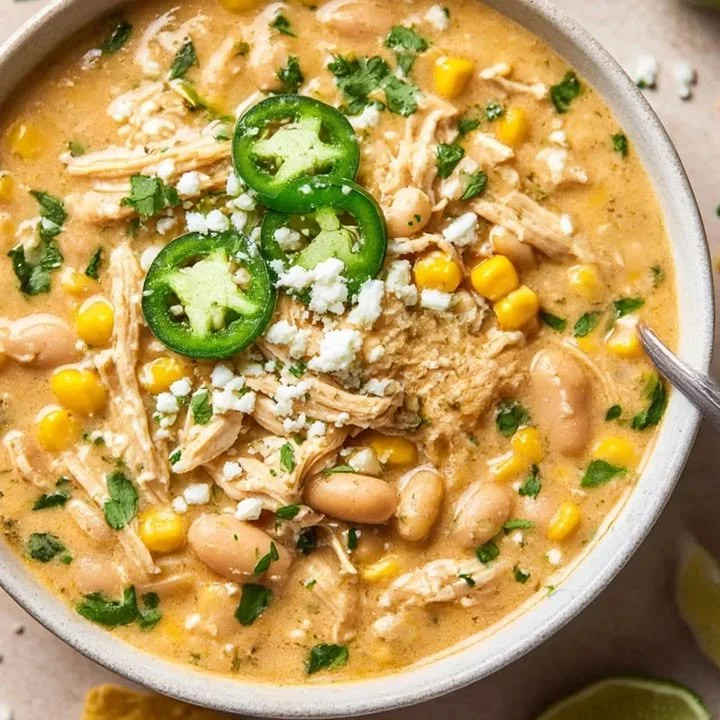 A bowl of creamy white chicken chili topped with cilantro and jalapenos.