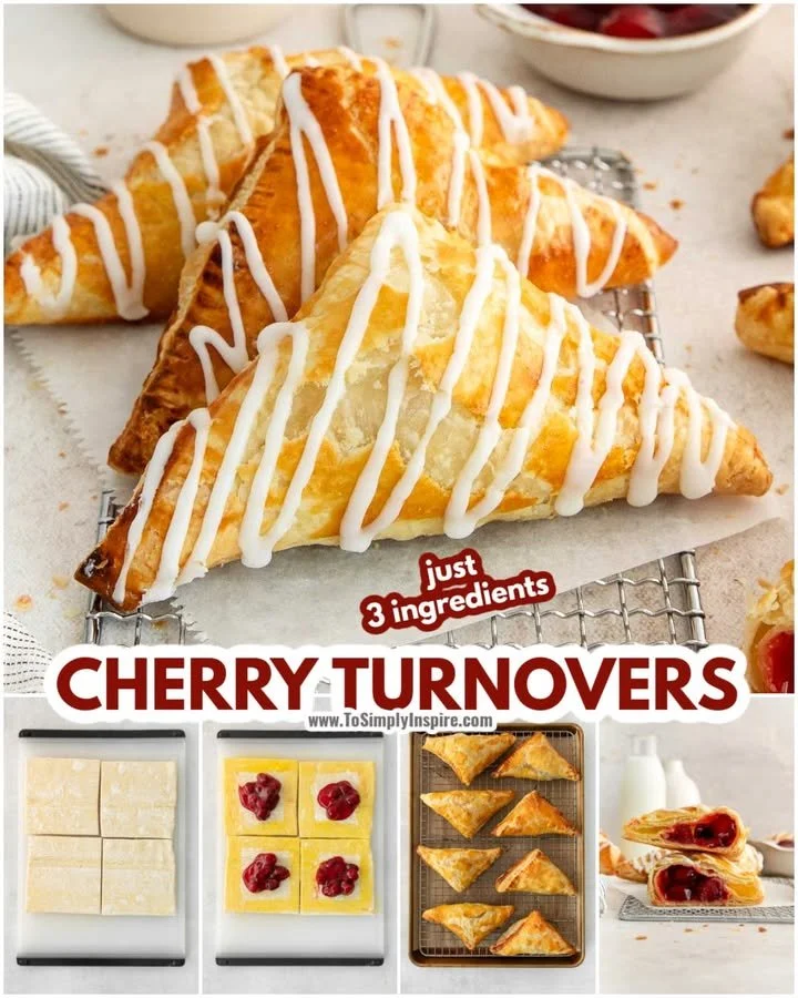 Plate of crispy cherry turnovers with golden flaky pastry and cherry filling