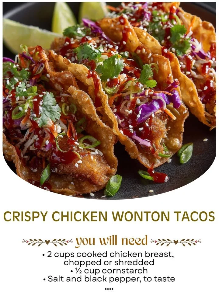 Crispy Chicken Wonton Tacos served on a plate with fresh toppings