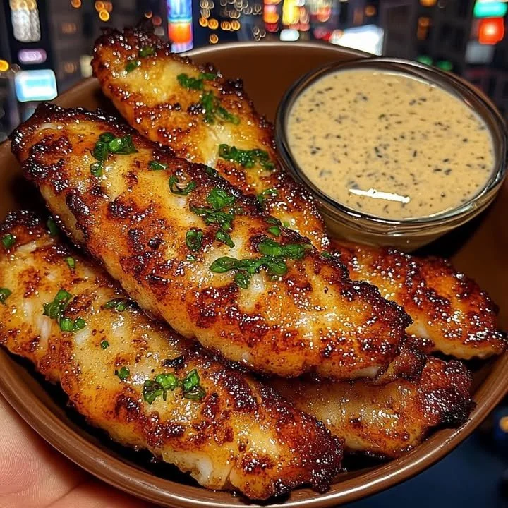 Golden crispy cod strips served with tartar sauce for dipping
