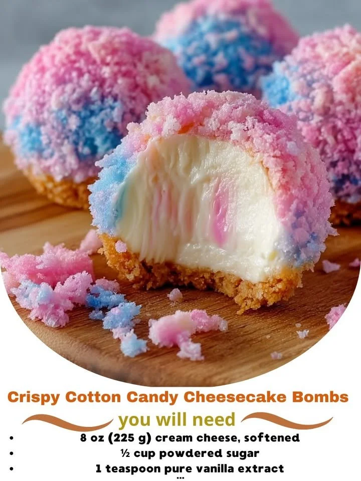 Crispy Cotton Candy Cheesecake Bombs dessert on a plate