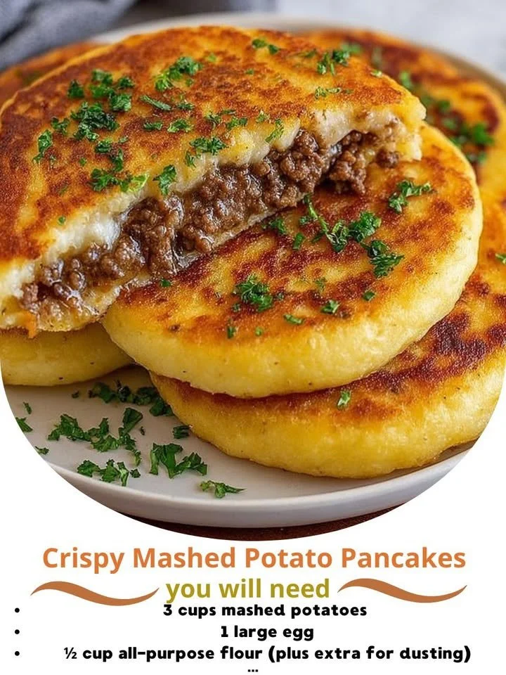 Crispy mashed potato pancakes stuffed with savory meat filling on a plate.