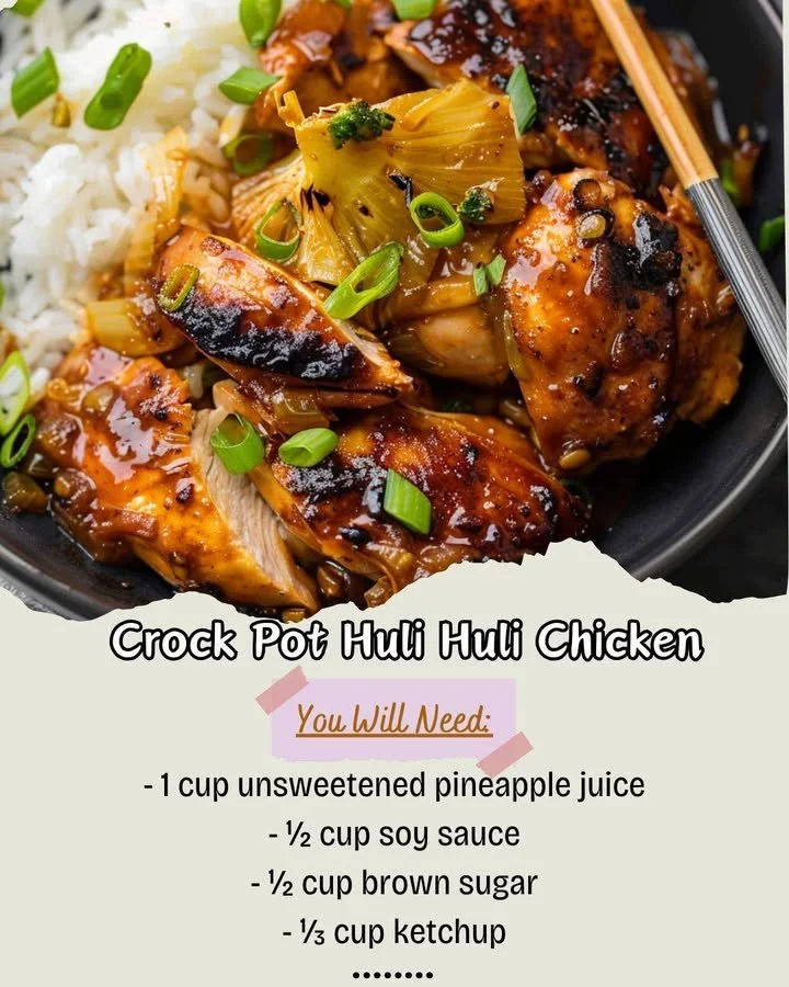 Delicious Crock Pot Huli Huli Chicken served with pineapple and rice.