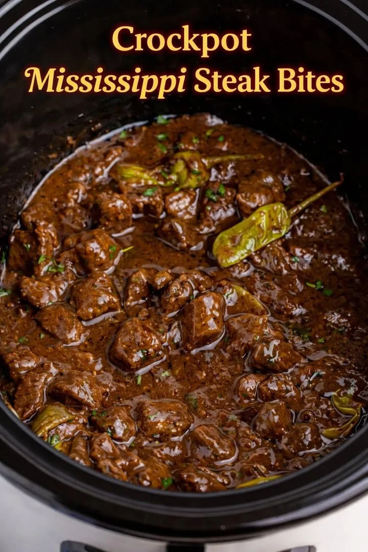 Crockpot Mississippi Steak Bites served with garnishes on a plate