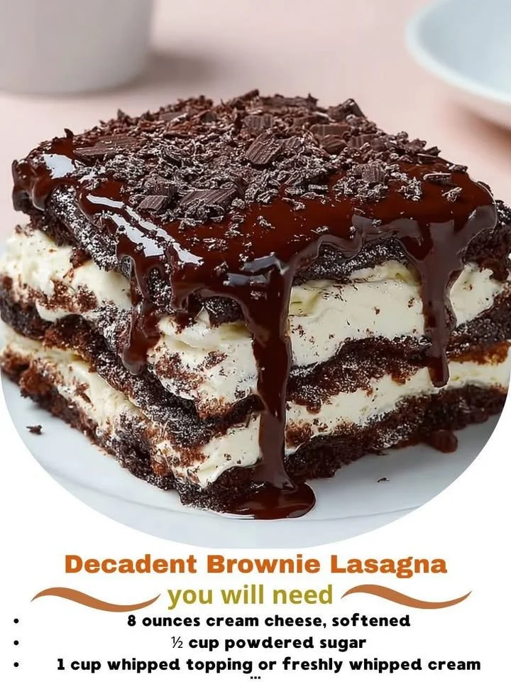 Decadent brownie lasagna dessert with layers of chocolate and cream